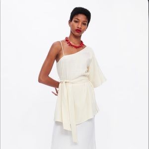 Zara Asymmetrical Linen-Blend Belted Top